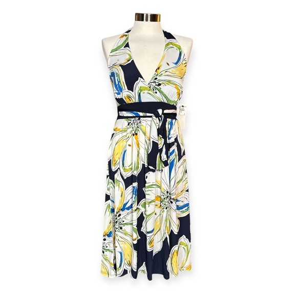 LILY NAVY FLORAL RESORT STYLE HALTER MIDI DRESS **NWT** - Picture 3 of 11